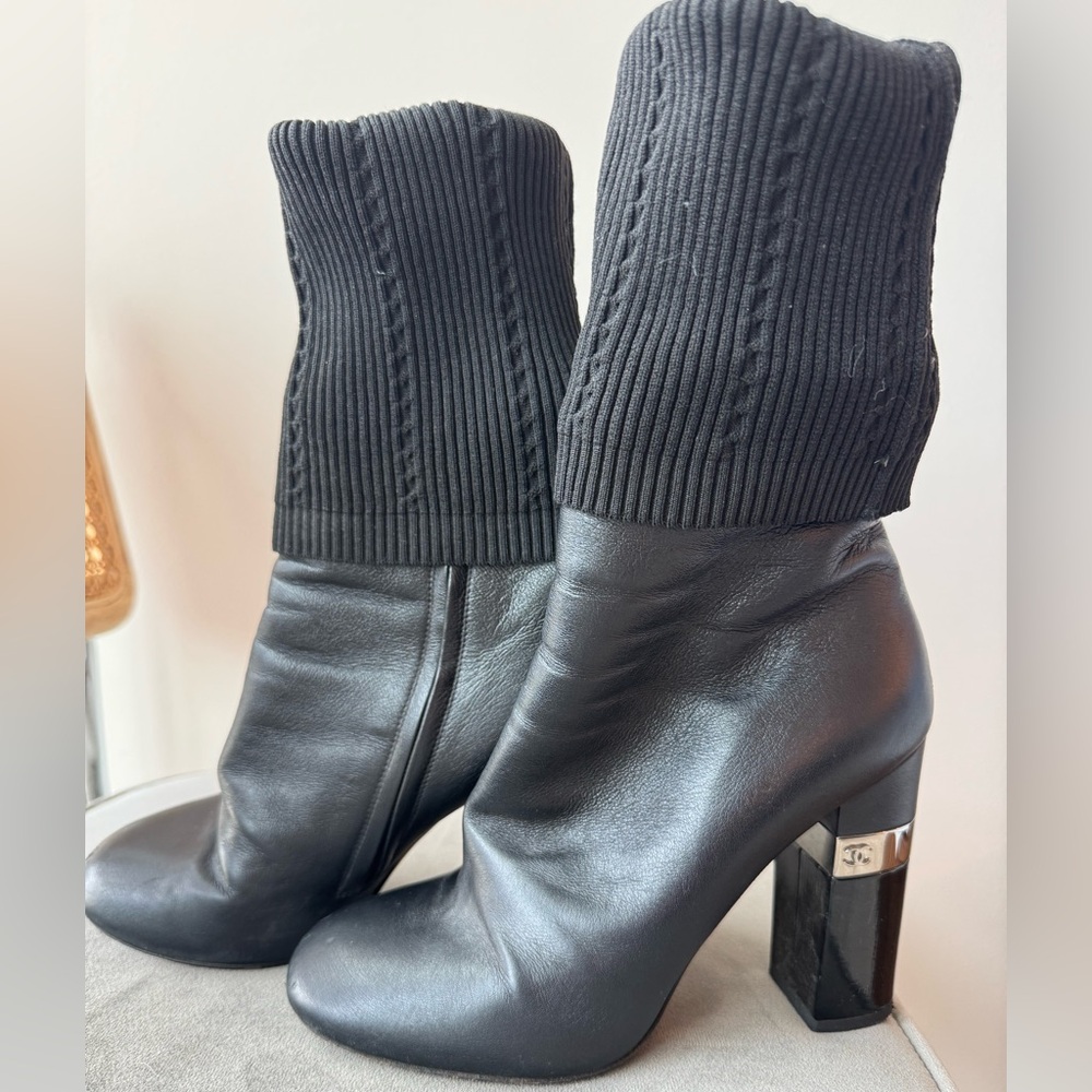 CHANEL black leather ankle boots with knit sock